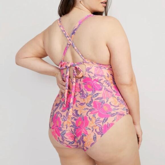 OLD NAVY Deep V Cross Back One Piece Swimsuit Peach Floral XXL - Picture 2 of 8